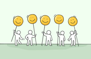 スマイルの看板を持った5人の人物イラスト